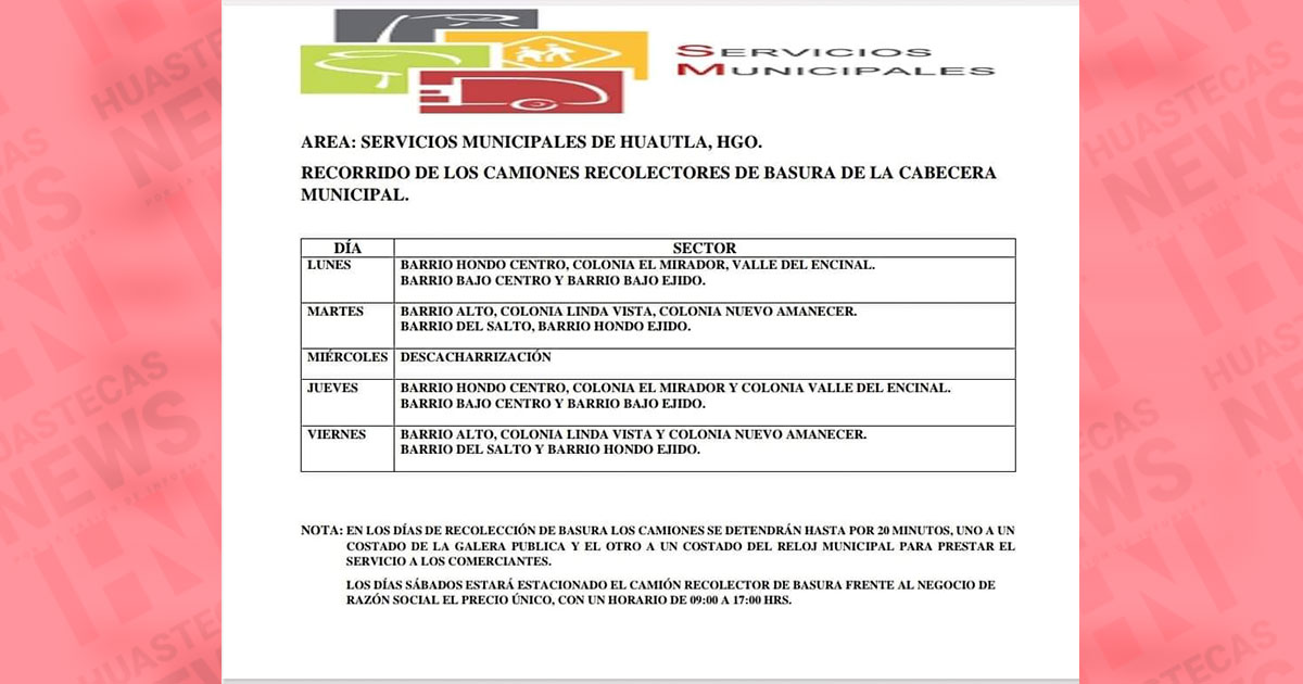 Dan a conocer calendarización de recolección de basura en la cabecera municipal