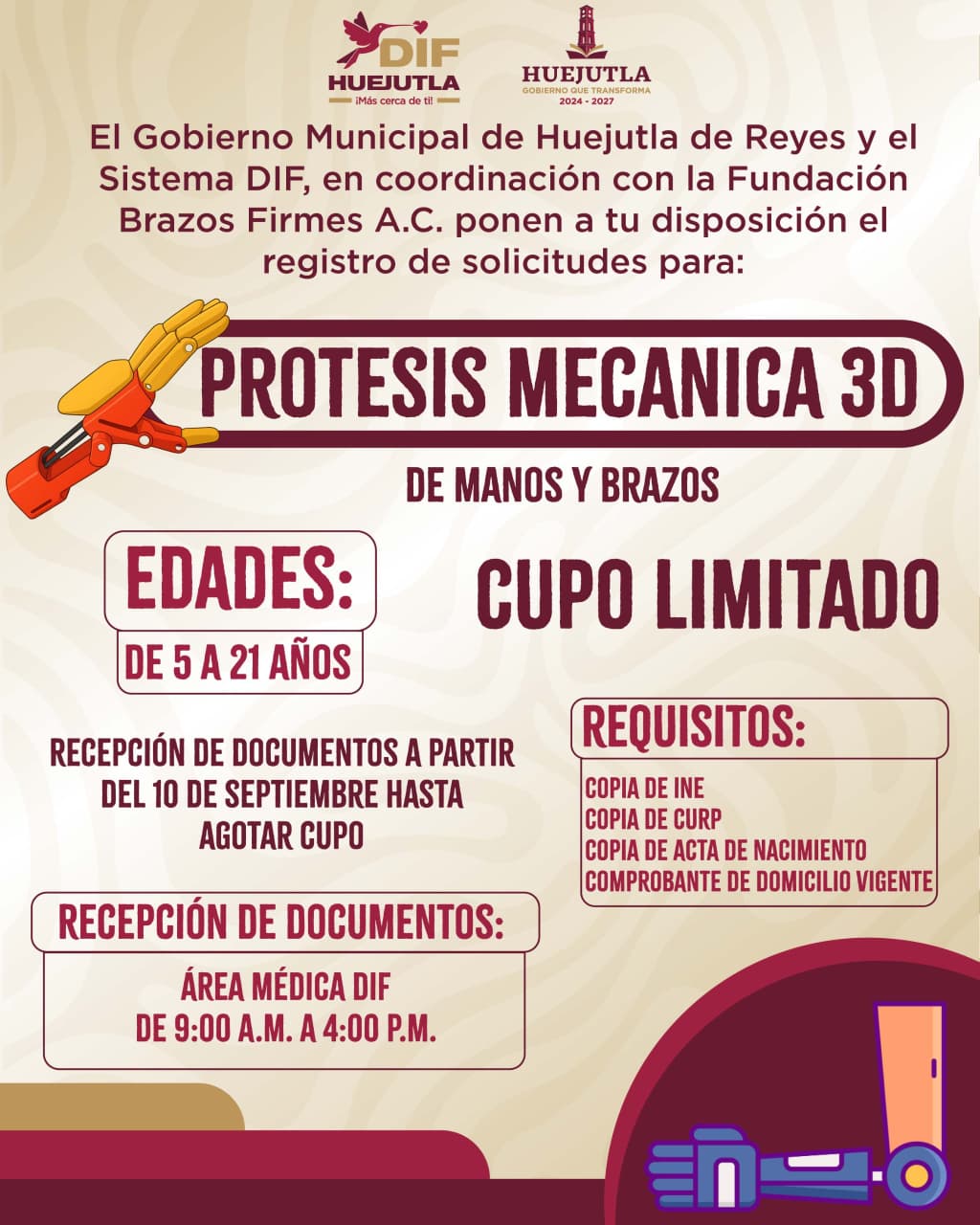 DIF Huejutla anuncia convocatoria para prótesis mecánicas 3d de manos y brazos