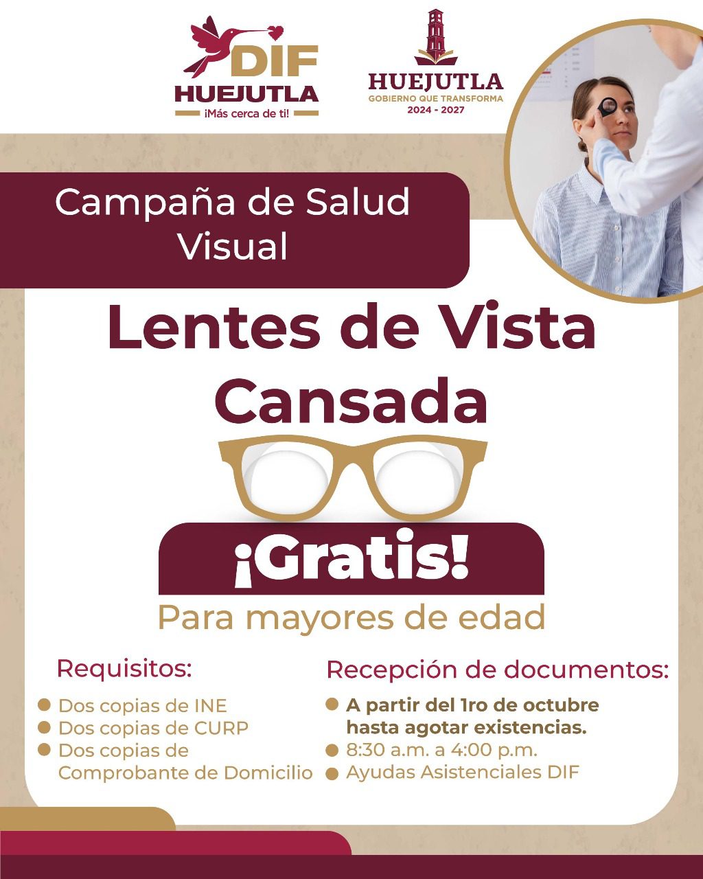 DIF Huejutla y gobierno municipal anuncia nuevas fechas para campaña de lentes para vista cansada.