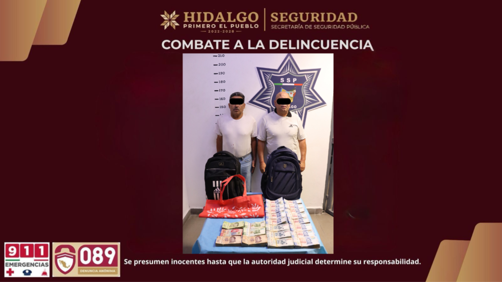 SSPH recupera más de un millón de pesos robados a cuentahabiente y detiene a dos presuntos responsables en Pachuca