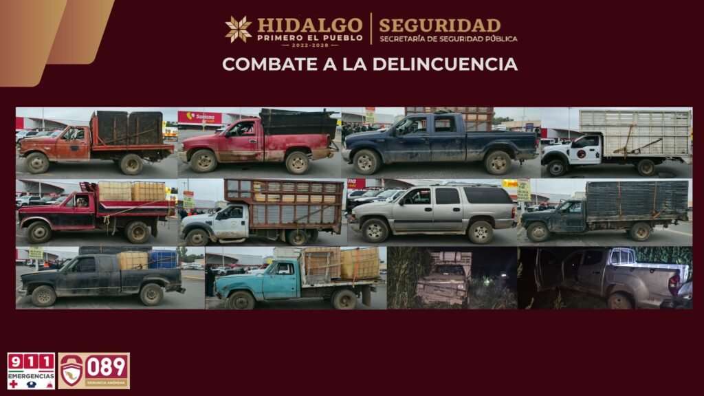 En operativo coordinado, SSPH asegura 12 camionetas e hidrocarburo en Tula de Allende