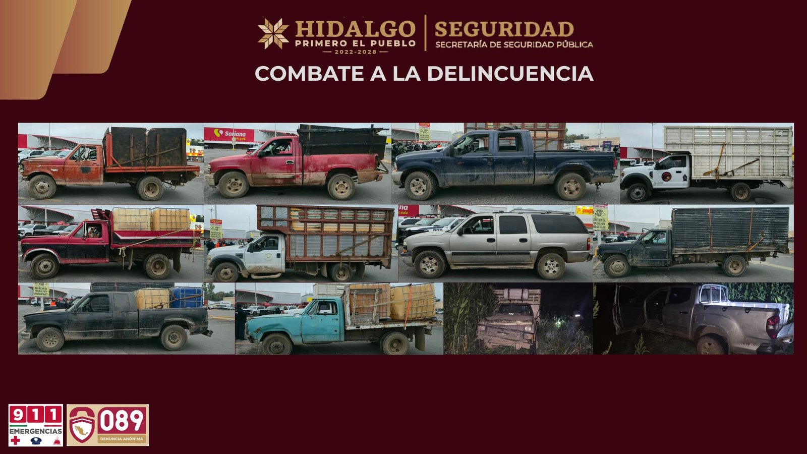 En operativo coordinado, SSPH asegura 12 camionetas e hidrocarburo en Tula de Allende